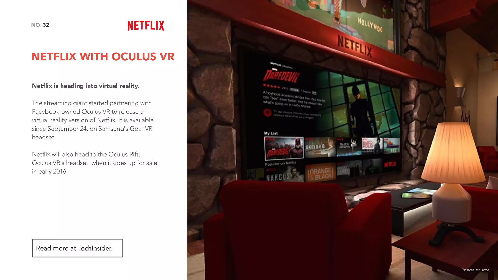 NETFLIX WITH OCULUS VR
32NO.
Netﬂix is heading into virtual reality.
The streaming giant started partnering with
Facebook-owned Oculus VR to release a
virtual reality version of Netflix. It is available
since September 24, on Samsung's Gear VR
headset.
Netflix will also head to the Oculus Rift,
Oculus VR's headset, when it goes up for sale
in early 2016.
Read more at TechInsider.
image source
 