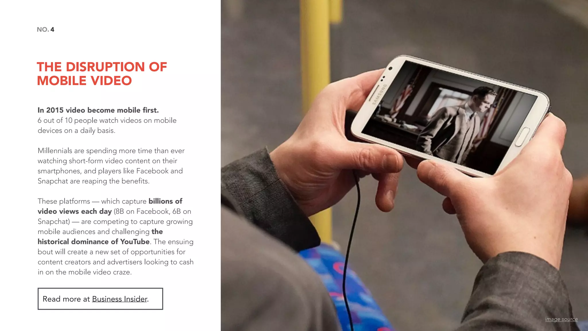 THE DISRUPTION OF
MOBILE VIDEO
4NO.
In 2015 video become mobile ﬁrst.
6 out of 10 people watch videos on mobile
devices on a daily basis.
Millennials are spending more time than ever
watching short-form video content on their
smartphones, and players like Facebook and
Snapchat are reaping the benefits.
These platforms — which capture billions of
video views each day (8B on Facebook, 6B on
Snapchat) — are competing to capture growing
mobile audiences and challenging the
historical dominance of YouTube. The ensuing
bout will create a new set of opportunities for
content creators and advertisers looking to cash
in on the mobile video craze.
Read more at Business Insider.
image source
 