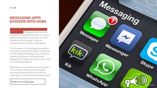 MESSAGING APPS
EVOLVED INTO HUBS
10NO.
Messaging has become a core hub of
social activity. Messaging apps have now
evolved into ecosystems for users to conduct
payment transactions, consume rich-media
branded content, partake in artificial
intelligence and even play in-app games.
The innovation in this messaging experience
first started in Asia-Pacific (LINE and WeChat).
In 2015 Facebook Messenger has achieved a
growth spurt thanks to its laser-focused
strategy which added new layers on top of the
core messaging platform.
Messaging is not just about connecting with a
circle of friends. 2016 promises to herald
exciting innovations in how users will use
these apps as a hub for their everyday activity.
Read more at Cnet.com.
image source
 
