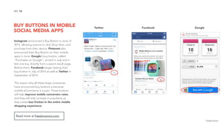 BUY BUTTONS IN MOBILE
SOCIAL MEDIA APPS
12NO.
Instagram announced a Buy Button in June of
2015, allowing anyone to click Shop Now, and
purchase from their device. Pinterest also
announced their Buy Button on their mobile
apps in June. Google’s buy button, called
“Purchases on Google”, arrived in July and it
lets one buy directly from a search result page.
Before them, Facebook began testing their
buy button in July of 2014 as well as Twitter in
September of 2014.
The reason why all these large companies
have announced buy buttons is because
mobile eCommerce is a pain. These buttons
will help improve mobile conversion rates,
and they will only increase in popularity as
they create less friction in the entire mobile
shopping experience.
Read more at Feedonomics.com.
image source
Twitter Facebook Google
 