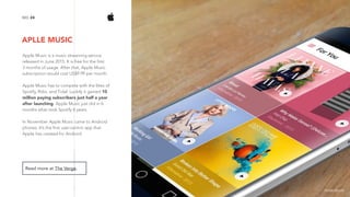 APLLE MUSIC
25NO.
Read more at The Verge.
image source
Apple Music is a music streaming service
released in June 2015. It is free for the first  
3 months of usage. After that, Apple Music
subscription would cost US$9.99 per month.
Apple Music has to compete with the likes of
Spotify, Rdio, and Tidal. Luckily it gained 10
million paying subscribers just half a year
after launching. Apple Music just did in 6
months what took Spotify 6 years.
In November Apple Music came to Android
phones. It’s the first user-centric app that
Apple has created for Android.
 