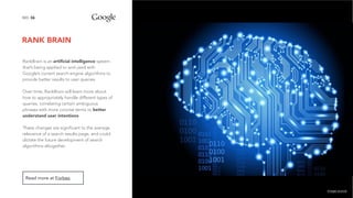 RANK BRAIN
36NO.
RankBrain is an artiﬁcial intelligence system
that’s being applied to and used with
Google’s current search engine algorithms to
provide better results to user queries.
Over time, RankBrain will learn more about
how to appropriately handle different types of
queries, correlating certain ambiguous
phrases with more concise terms to better
understand user intentions.
These changes are significant to the average
relevance of a search results page, and could
dictate the future development of search
algorithms altogether.
Read more at Forbes.
image source
 