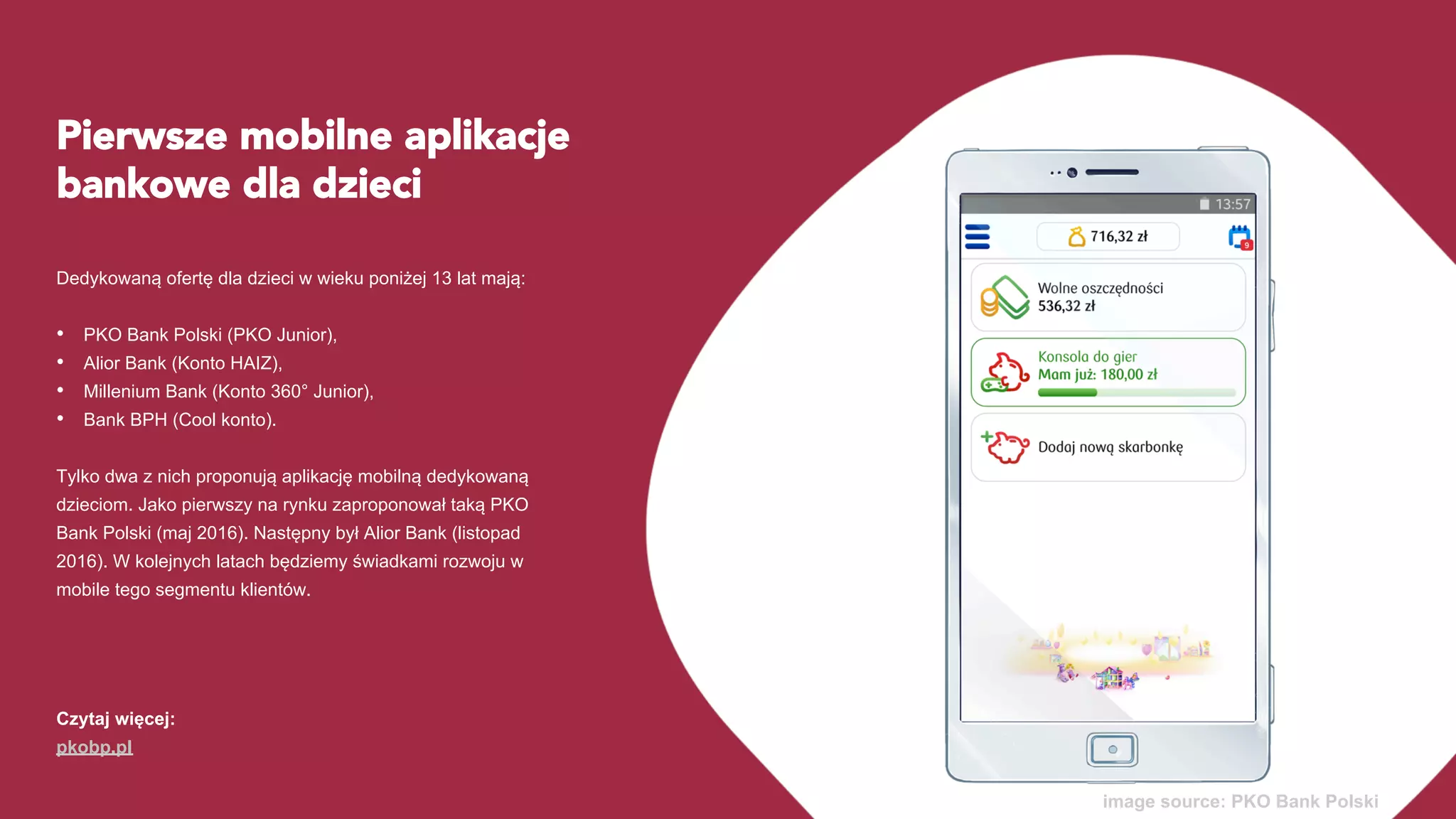 Pierwsze mobilne aplikacje
bankowe dla dzieci
Dedykowaną ofertę dla dzieci w wieku poniżej 13 lat mają:
•  PKO Bank Polski (PKO Junior),
•  Alior Bank (Konto HAIZ),
•  Millenium Bank (Konto 360° Junior),
•  Bank BPH (Cool konto).
Tylko dwa z nich proponują aplikację mobilną dedykowaną
dzieciom. Jako pierwszy na rynku zaproponował taką PKO
Bank Polski (maj 2016). Następny był Alior Bank (listopad
2016). W kolejnych latach będziemy świadkami rozwoju w
mobile tego segmentu klientów.
Czytaj więcej:
pkobp.pl
image source: PKO Bank Polski
 