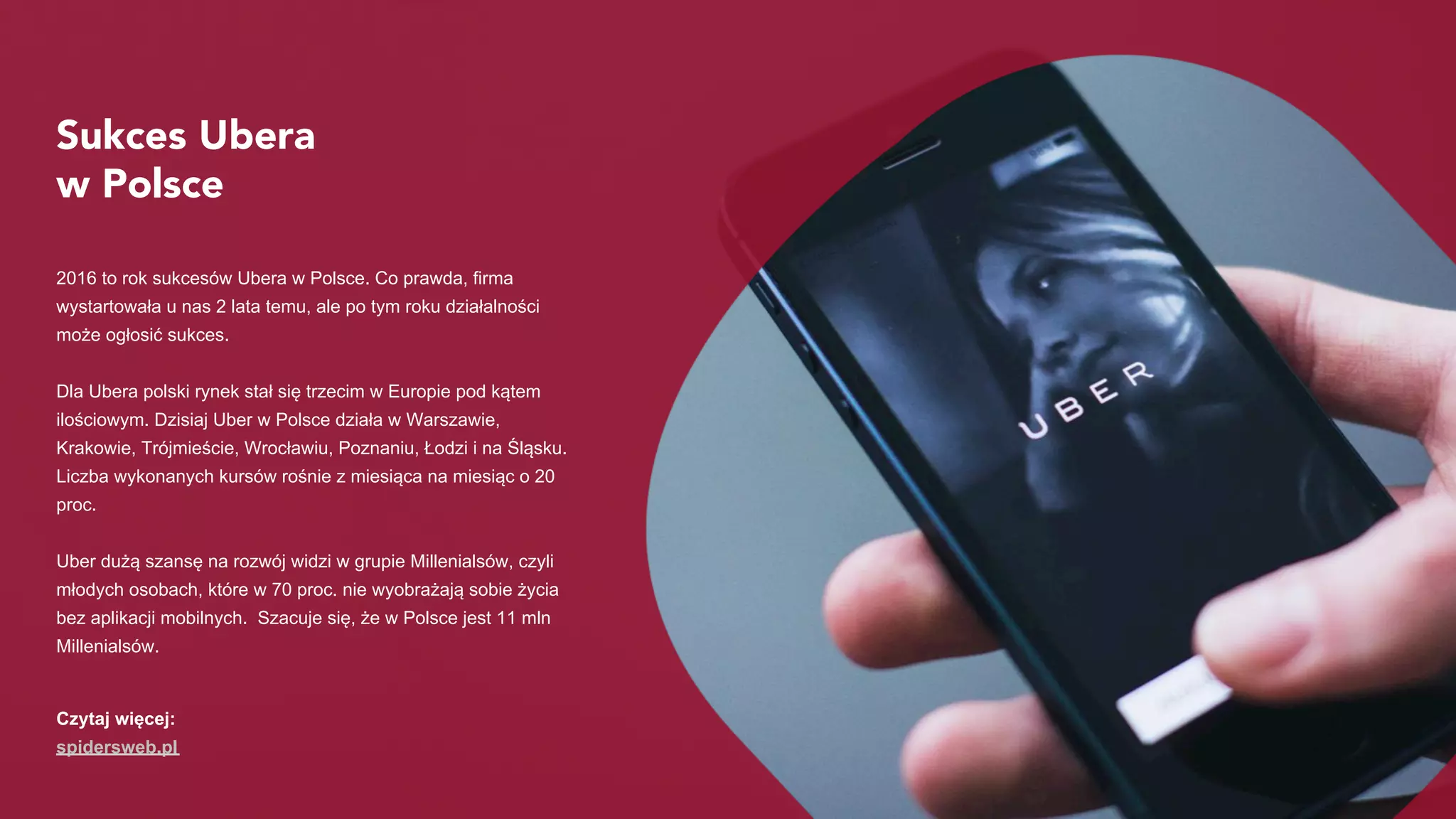 Sukces Ubera
w Polsce
2016 to rok sukcesów Ubera w Polsce. Co prawda, firma
wystartowała u nas 2 lata temu, ale po tym roku działalności
może ogłosić sukces.
Dla Ubera polski rynek stał się trzecim w Europie pod kątem
ilościowym. Dzisiaj Uber w Polsce działa w Warszawie,
Krakowie, Trójmieście, Wrocławiu, Poznaniu, Łodzi i na Śląsku.
Liczba wykonanych kursów rośnie z miesiąca na miesiąc o 20
proc.
Uber dużą szansę na rozwój widzi w grupie Millenialsów, czyli
młodych osobach, które w 70 proc. nie wyobrażają sobie życia
bez aplikacji mobilnych. Szacuje się, że w Polsce jest 11 mln
Millenialsów.
Czytaj więcej:
spidersweb.pl
 