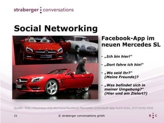 Social Networking
                                                           Facebook-App im
                                                           neuen Mercedes SL

                                                           •  „Ich bin hier!“

                                                           •  „Dort fahre ich hin!“

                                                           •  „Wo seid ihr?“
                                                              (Meine Freunde)?

                                                           •  „Was befindet sich in
                                                              meiner Umgebung?“
                                                              (Hier und am Zielort?)



Quelle: http://business.chip.de/news/Facebook-Mercedes-entwickelt-App-fuers-Auto_53714192.html

21                           © straberger conversations gmbh
 