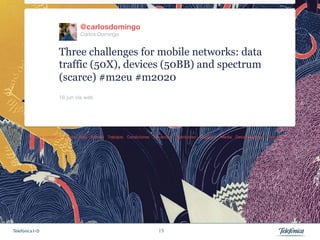 @carlosdomingo
                          Carlos Domingo


                 Three challenges for mobile networks: data
                 traffic (50X), devices (50BB) and spectrum
                 (scarce) #m2eu #m2020
                 16 jun vía web 




Telefónica I+D                              19
 