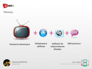 29
Telewizja
Kampania telewizyjna Dedykowana
aplikacja
SMS premiumAplikacja do
rozpoznawania
dźwięku
Katarzyna Bednarska
O...