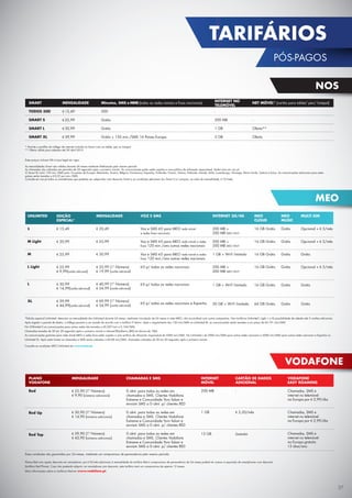 NOS
Estes preços incluem IVA à taxa legal em vigor.
As mensalidades Smart são válidas durante 24 meses mediante fidelização pelo mesmo período​​​​​​​​​​​​​​​​​​​
As chamadas são cobradas em períodos de 30 segundos após o primeiro minuto. As comunicações grátis estão sujeitas a uma política de utilização responsável. Saiba mais em nos.pt
O Smart XL inclui 150 min./SMS para 16 países da Europa: Alemanha, Áustria, Bélgica, Dinamarca, Espanha, Finlândia, França, Grécia, Holanda, Irlanda, Itália, Luxemburgo, Noruega, Reino Unido, Suécia e Suíça. As comunicações adicionais para estes
países serão taxadas a € 0,22 por min./SMS.
Consulte em nos.pt todos os smartphones que poderão ser adquiridos com desconto Smart e as condições aplicáveis (no Smart S e L acresce, ao valor da mensalidade, € 10/mês).
* Permite a partilha do tráfego de internet incluído no Smart com um tablet, pen ou hotspot.
** Oferta válida para adesões até 30 abril 2015.
SMART
TODOS 500
SMART S
SMART L
SMART XL
MENSALIDADE
€ 15,49
€ 25,99
€ 30,99
€ 39,99
Minutos, SMS e MMS (todas as redes móveis e fixas nacionais)
500
Grátis
Grátis
Grátis + 150 min./SMS 16 Países Europa
VODAFONE
Estas condições são garantidas por 24 meses, mediante um compromisso de permanência pelo mesmo período.
Planos Red com opção desconto em smartphone: por €10/mês adicionais à mensalidade do tarifário Red e compromisso de permanência de 24 meses poderá ter acesso à aquisição de smartphones com desconto
(tarifário Red Phone). Caso não pretenda adquirir um smartphone com desconto, este tarifário terá um compromisso de apenas 12 meses.
Mais informações sobre os tarifários Red em www.vodafone.pt.
PLANO
VODAFONE
Red
Red Up
Red Top
INTERNET
MÓVEL
200 MB
1 GB
15 GB
MENSALIDADE
€ 25,90 (1º Número)
€ 9,90 (números adicionais)
€ 30,90 (1º Número)
€ 14,90 (números adicionais)
€ 59,90 (1º Número)
€ 43,90 (números adicionais)
CHAMADAS E SMS
0 cênt. para todas as redes em
chamadas e SMS. Clientes Vodafone
Extreme e Comunidade Yorn falam e
enviam SMS a 0 cênt. p/ clientes RED
0 cênt. para todas as redes em
chamadas e SMS. Clientes Vodafone
Extreme e Comunidade Yorn falam e
enviam SMS a 0 cênt. p/ clientes RED
0 cênt. para todas as redes em
chamadas e SMS. Clientes Vodafone
Extreme e Comunidade Yorn falam e
enviam SMS a 0 cênt. p/ clientes RED
CARTÃO DE DADOS
ADICIONAL
-
€ 5,20/mês
Gratuito
VODAFONE
EASY ROAMING
Chamadas, SMS e
internet no telemóvel
na Europa por € 2,99/dia
Chamadas, SMS e
internet no telemóvel
na Europa por € 2,99/dia
Chamadas, SMS e
internet no telemóvel
na Europa gratuito
15 dias/ano
MEO
*Edição especial Unlimited: desconto na mensalidade dos Unlimited durante 24 meses, mediante vinculação de 24 meses à rede MEO, não acumulável com outras campanhas. Nos tarifários Unlimited L Light, L e XL possibilidade de adesão até 3 cartões adicionais.
Após esgotar o pacote de dados, o tráfego passará a ser taxado de acordo com o tarifário IT diário. Após o esgotamento dos 120 min/SMS no Unlimited M, as comunicações serão taxadas a um preço de €0,191 min/SMS.
No UNlimited S as comunicações para outras redes são taxadas a €0,207/min e 0,104/SMS.
Chamadas taxadas de 30 em 30 segundos após o primeiro minuto e internet/Blackberry (BIS) em blocos de 10kb.
As comunicações gratuitas para rede móvel MEO e redes fixas estão sujeitas a uma política de utilização responsável de 5000 min/SMS. No Unlimited L de 2000 min/SMS para outras redes nacionais e 2000 min/SMS para outras redes nacionais e Espanha no
Unlimited XL. Após estes limites as chamadas e SMS serão cobrados a €0,08 min/SMS, chamadas cobradas de 30 em 30 segundos após o primeiro minuto.
Consulte as condições MEO Unlimited em www.meo.pt.
UNLIMITED
S
M Light
M
L Light
L
XL
MENSALIDADE
€ 20,49
€ 25,99
€ 30,99
€ 35,99 (1º Número)
€ 19,99 (cartão adicional)
€ 40,99 (1º Número)
€ 24,99 (cartão adicional)
€ 69,99 (1º Número)
€ 54,99 (cartão adicional)
INTERNET 3G/4G
200 MB +
200 MB MEO Wi-Fi
200 MB +
200 MB MEO Wi-Fi
1 GB + Wi-Fi limitado
200 MB +
200 MB MEO Wi-Fi
1 GB + Wi-Fi limitado
30 GB + Wi-Fi limitado
MEO
CLOUD
16 GB Grátis
16 GB Grátis
16 GB Grátis
16 GB Grátis
16 GB Grátis
64 GB Grátis
MEO
MUSIC
Grátis
Grátis
Grátis
Grátis
Grátis
Grátis
MULTI SIM
Opcional + € 5/mês
Opcional + € 5/mês
Grátis
Opcional + € 5/mês
Grátis
Grátis
VOZ E SMS
Voz e SMS €0 para MEO rede móvel
e redes fixas nacionais
Voz e SMS €0 para MEO rede móvel e redes
fixas 120 min./sms outras redes nacionais
Voz e SMS €0 para MEO rede móvel e redes
fixas 120 min./sms outras redes nacionais
€0 p/ todas as redes nacionais
€0 p/ todas as redes nacionais
€0 p/ todas as redes nacionais e Espanha
NET MÓVEL* (cartão para tablet/ pen/ hotspot)
-
-
Oferta**
Oferta
INTERNET NO
TELEMÓVEL
-
200 MB
1 GB
2 GB
EDIÇÃO
ESPECIAL*
€ 15,49
€ 20,99
€ 25,99
€ 25,99
€ 9,99(cartão adicional)
€ 30,99
€ 14,99(cartão adicional)
€ 59,99
€ 44,99(cartão adicional)
37
PÓS-PAGOS
TARIFÁRIOS
 