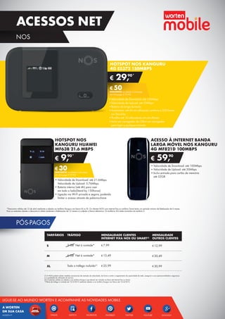 4848
ACESSOS NET
NOS
ONLIVE YOUTUBEFACEBOOK GOOGLE+TWITTERSWITCH
A WORTEN
EM SUA CASA
LIGUE-SE AO MUNDO WORTEN E ACOMPANHE AS NOVIDADES MOBILE.
PINTERESTWORTEN.PT
PÓS-PAGOS
TARIFÁRIOS
S
M
XL
MENSALIDADE
OUTROS CLIENTES
€ 12,99
€ 20,49
€ 30,99
TRÁFEGO
2 GB Net à vontade*
6 GB Net à vontade*
Todo o tráfego incluído(1)
MENSALIDADE CLIENTES
INTERNET FIXA NOS OU SMART(2)
€ 7,99
€ 15,49
€ 25,99
*Descontos válidos até 15 de abril mediante a adesão ao tarifário Kanguru em fatura M ou XL. Os clientes NOS com internet fixa ou tarifário Smart terão um período mínimo de fidelização de 6 meses.
Para os restantes clientes o desconto é válido mediante a fidelização de 12 meses e a adesão a fatura eletrónica. Os tarifários 4G estão excluídos do tarifário S.
(1) A NOS poderá adotar medidas excecionais de restrição da velocidade, de forma a evitar o esgotamento da capacidade da rede, assegurar a sua operacionalidade e segurança
e a qualidade da utilização do serviço.
(2) Condições válidas na adesão a um tarifário Kanguru que deverá ser incluído na fatura de Internet fixa ou Smart.
*Oferta de tráfego à vontade até 15/5/2015 mediante adesão a um tarifário Kanguru em fatura até 15/4/2015.
HOTSPOT NOS KANGURU
4G E5372 150MBPS
•	Velocidade de Download: até 150Mbps
•	Velocidade de Upload: até 50Mbps
•	Bateria de longa duração
•	Autonomia: até 6h em utilização contínua e 300 horas
em Stand by
•	Partilha até 10 utilizadores em simultâneo
•	Inclui um carregador de USB e um carregador
para ligar a qualquer tomada
€ 29,90*
€ 50DESCONTO na adesão a pós-pago
4G (Pré-pago: € 79,90)
HOTSPOT NOS
KANGURU HUAWEI
MF63B 21.6 MBPS
•	Velocidade de Download: até 21.6Mbps
Velocidade de Upload: 5.76Mbps
•	Bateria interna (até 4h) para usar
em todo o lado(Stand by 150horas)
•	Ligação via Wi-Fi privada e segura, podendo
limitar o acesso através de palavra-chave
€ 9,90*
€ 30DESCONTO na adesão a pós-pago
4G (Pré-pago: € 39,90)
ACESSO À INTERNET BANDA
LARGA MÓVEL NOS KANGURU
4G MF821D 100MBPS
•	Velocidade de Download: até 100Mbps
•	Velocidade de Upload: até 50Mbps
•	Inclui entrada para cartão de memória
até 32GB
€ 59,90
 