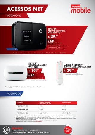 50
ACESSOS NET
VODAFONE
SEGUROSA PARTIR DE¤9,90
SEGUROS
ADIRA A UM SEGURO PARA ACESSOS NET
E QUALQUER QUE SEJA O PROBLEMA, A WORTEN RESOLVE.
PÓS-PAGOS
Os planos Vodafone On têm velocidade de download até 300 Mbps em 4G+. Sempre que não existir cobertura 4G+ é garantido o acesso à rede 3G à velocidade máxima existente no local.
Vodafone On 2GB e On 7GB: Sempre que for atingido o limite de tráfego do plano Vodafone On 2GB ou On 7GB, será ativado automaticamente o primeiro extra de 1GB por €4,99.
Após esgotado este pacote, pode ativar a opção extra enviando um SMS para o 68759 com a palavra “extra”.
Vodafone On +GB: De forma a evitar o esgotamento da capacidade da rede, assegurar a sua operacionalidade e segurança, bem como a qualidade de utilização do serviço, a Vodafone
poderá adotar medidas excecionais de restrição da velocidade.
(1) Desconto de €5 durante 12 meses na adesão ao Vodafone On +GB até 30/04/2015, período contratual mínimo de 12 meses.
Mais informações sobre tarifários e campanhas em vigor em www.vodafone.pt.
HOTSPOT
VODAFONE MOBILE
WI-FI R207
•	Velocidade download: 21,6 Mbps
€ 19,90*
€ 20DESCONTO na adesão a pós-pago
VODAFONE ON (Pré-pago: € 39,90)
ACESSO À INTERNET
BANDA LARGA MÓVEL K4201
•	Velocidade download: 21,6 Mbps
€ 29,90
*Inclui desconto imediato de €50 sobre o preço na adesão ao plano Vodafone On 7GB ou On +GB, por 12 meses, até 30/04/2015.
*Inclui desconto imediato de €20 sobre o preço na adesão a um plano Vodafone On, por 12 meses,
até 30/04/2015.
•	Partilha internet móvel 4G com vários
equipamentos via Wi-Fi
•	Velocidade download: 150 Mbps
HOTSPOT
VODAFONE MOBILE
WI-FI R215 4G
€ 29,90*
€ 50DESCONTO na adesão a pós-pago
VODAFONE ON (Pré-pago: € 79,90)
TARIFÁRIOS
VODAFONE ON 2GB
VODAFONE ON 7GB
VODAFONE ON +GB
OUTROS CLIENTES
€ 12,99
€ 21,49
€ 30,99(1)
€ 35,99
CLIENTES VODAFONE
RED E/OU TV NET VOZ
€ 7,99
€ 16,49
€ 25,99(1)
€ 30,99
4G
 