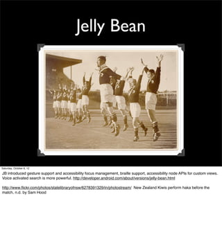 Jelly Bean




Saturday, October 6, 12

JB introduced gesture support and accessibility focus management, braille support, accessibility node APIs for custom views.
Voice activated search is more powerful. http://developer.android.com/about/versions/jelly-bean.html

http://www.ﬂickr.com/photos/statelibraryofnsw/6278391329/in/photostream/ New Zealand Kiwis perform haka before the
match, n.d. by Sam Hood
 