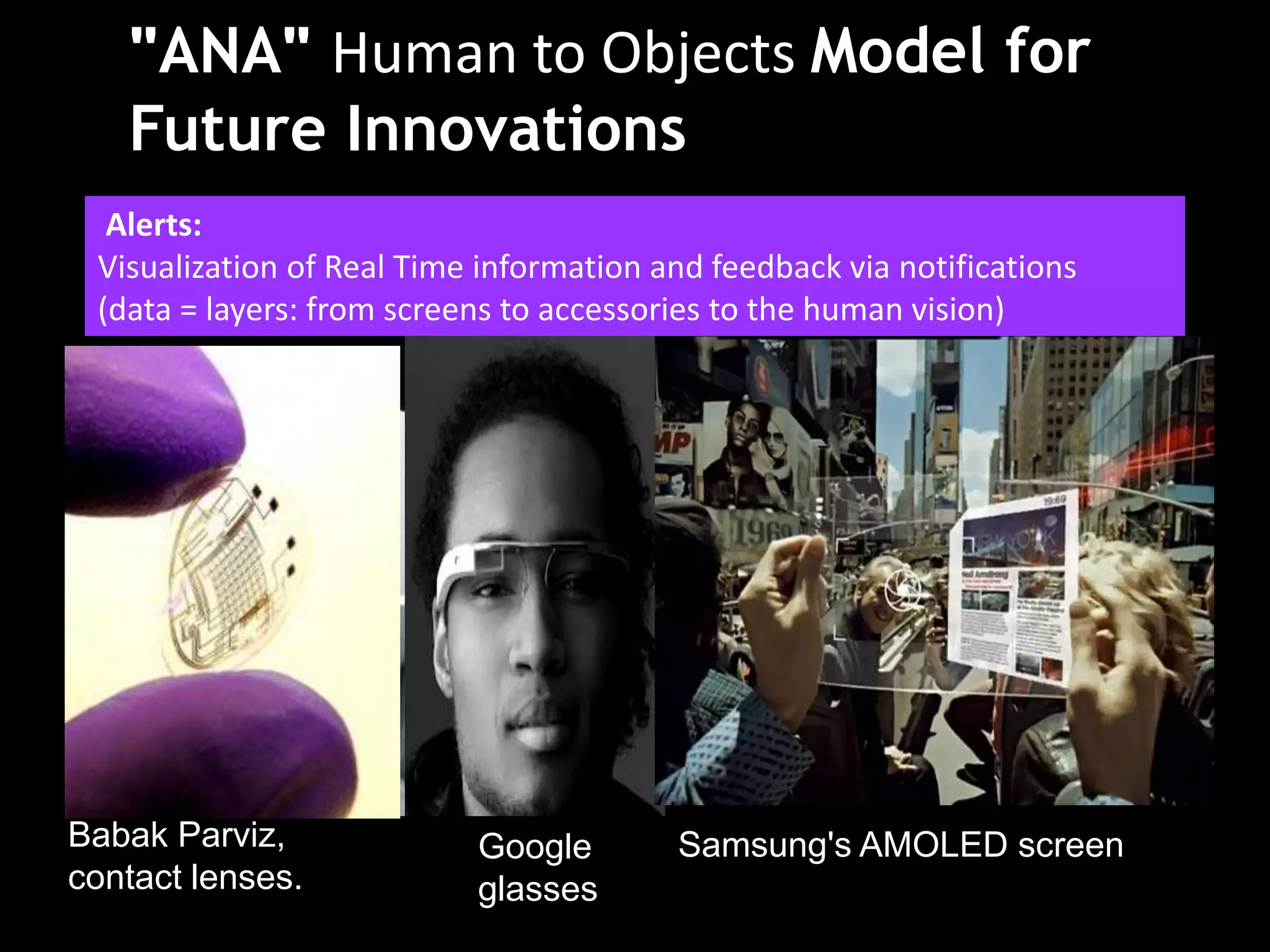 "ANA" Human Technologies Model for
            Future to Objects
   Future Innovations
  Alerts:
 Visualization of Real Time information and feedback via notifications
 (data = layers: from screens to accessories to the human vision)




          Actions
          &                     Notifications             Alerts
          Preferences




Babak Parviz,              Google        Samsung's AMOLED screen
contact lenses.            glasses
 