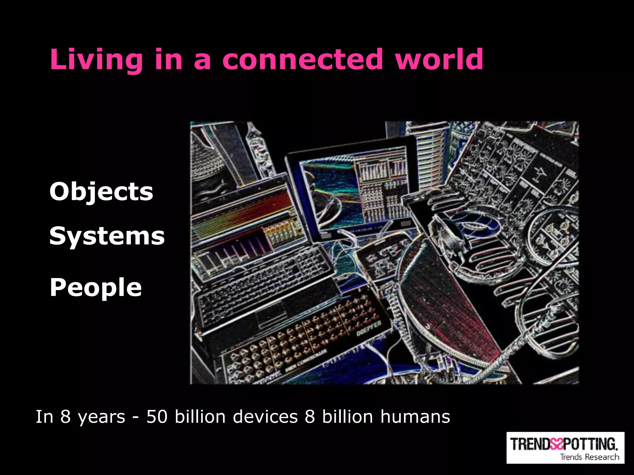 Living in a connected world



 Objects
 Systems

 People




In 8 years - 50 billion devices 8 billion humans
 