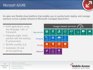 • Business Computing 
• Communication & Infrastructure 
• Service & Support 
• Software Solutions 
30 
September 
2014 
Microsoft AZURE  