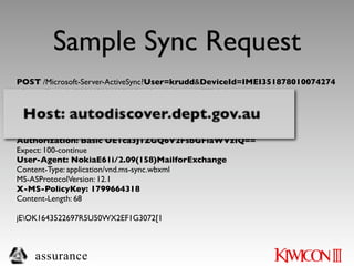 Sample Sync Request
POST /Microsoft-Server-ActiveSync?User=krudd&DeviceId=IMEI351878010074274
&DeviceType=IMEI351878010074274&Cmd=Sync HTTP/1.1

Host: autodiscover.dept.gov.au
Accept-Encoding: gzip, deﬂate, x-gzip, identity; q=0.9
Accept-Language: en-us
Authorization: Basic UE1ca3J1ZGQ6V2FsbGFiaWVzIQ==
Expect: 100-continue
User-Agent: NokiaE61i/2.09(158)MailforExchange
Content-Type: application/vnd.ms-sync.wbxml
MS-ASProtocolVersion: 12.1
X-MS-PolicyKey: 1799664318
Content-Length: 68

jEOK1643522697R5U50WX2EF1G3072[1



    assurance
 