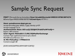 Sample Sync Request
POST /Microsoft-Server-ActiveSync?User=krudd&DeviceId=IMEI351878010074274
&DeviceType=IMEI351878010074274&Cmd=Sync HTTP/1.1

Host: autodiscover.dept.gov.au
Accept-Encoding: gzip, deﬂate, x-gzip, identity; q=0.9
Accept-Language: en-us
Authorization: Basic UE1ca3J1ZGQ6V2FsbGFiaWVzIQ==
Expect: 100-continue
User-Agent: NokiaE61i/2.09(158)MailforExchange
Content-Type: application/vnd.ms-sync.wbxml
MS-ASProtocolVersion: 12.1
X-MS-PolicyKey: 1799664318
Content-Length: 68

jEOK1643522697R5U50WX2EF1G3072[1



    assurance
 