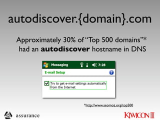 autodiscover.{domain}.com
 Approximately 30% of “Top 500 domains”*
  had an autodiscover hostname in DNS




                     *http://www.seomoz.org/top500

 assurance
 