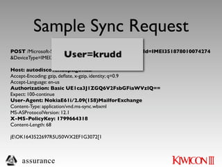 Sample Sync Request
POST /Microsoft-Server-ActiveSync?User=krudd&DeviceId=IMEI351878010074274
&DeviceType=IMEI351878010074274&Cmd=Sync HTTP/1.1

Host: autodiscover.dept.gov.au
Accept-Encoding: gzip, deﬂate, x-gzip, identity; q=0.9
Accept-Language: en-us
Authorization: Basic UE1ca3J1ZGQ6V2FsbGFiaWVzIQ==
Expect: 100-continue
User-Agent: NokiaE61i/2.09(158)MailforExchange
Content-Type: application/vnd.ms-sync.wbxml
MS-ASProtocolVersion: 12.1
X-MS-PolicyKey: 1799664318
Content-Length: 68

jEOK1643522697R5U50WX2EF1G3072[1



    assurance
 