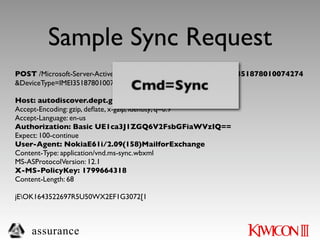 Sample Sync Request
POST /Microsoft-Server-ActiveSync?User=krudd&DeviceId=IMEI351878010074274
&DeviceType=IMEI351878010074274&Cmd=Sync HTTP/1.1

Host: autodiscover.dept.gov.au
Accept-Encoding: gzip, deﬂate, x-gzip, identity; q=0.9
Accept-Language: en-us
Authorization: Basic UE1ca3J1ZGQ6V2FsbGFiaWVzIQ==
Expect: 100-continue
User-Agent: NokiaE61i/2.09(158)MailforExchange
Content-Type: application/vnd.ms-sync.wbxml
MS-ASProtocolVersion: 12.1
X-MS-PolicyKey: 1799664318
Content-Length: 68

jEOK1643522697R5U50WX2EF1G3072[1



    assurance
 