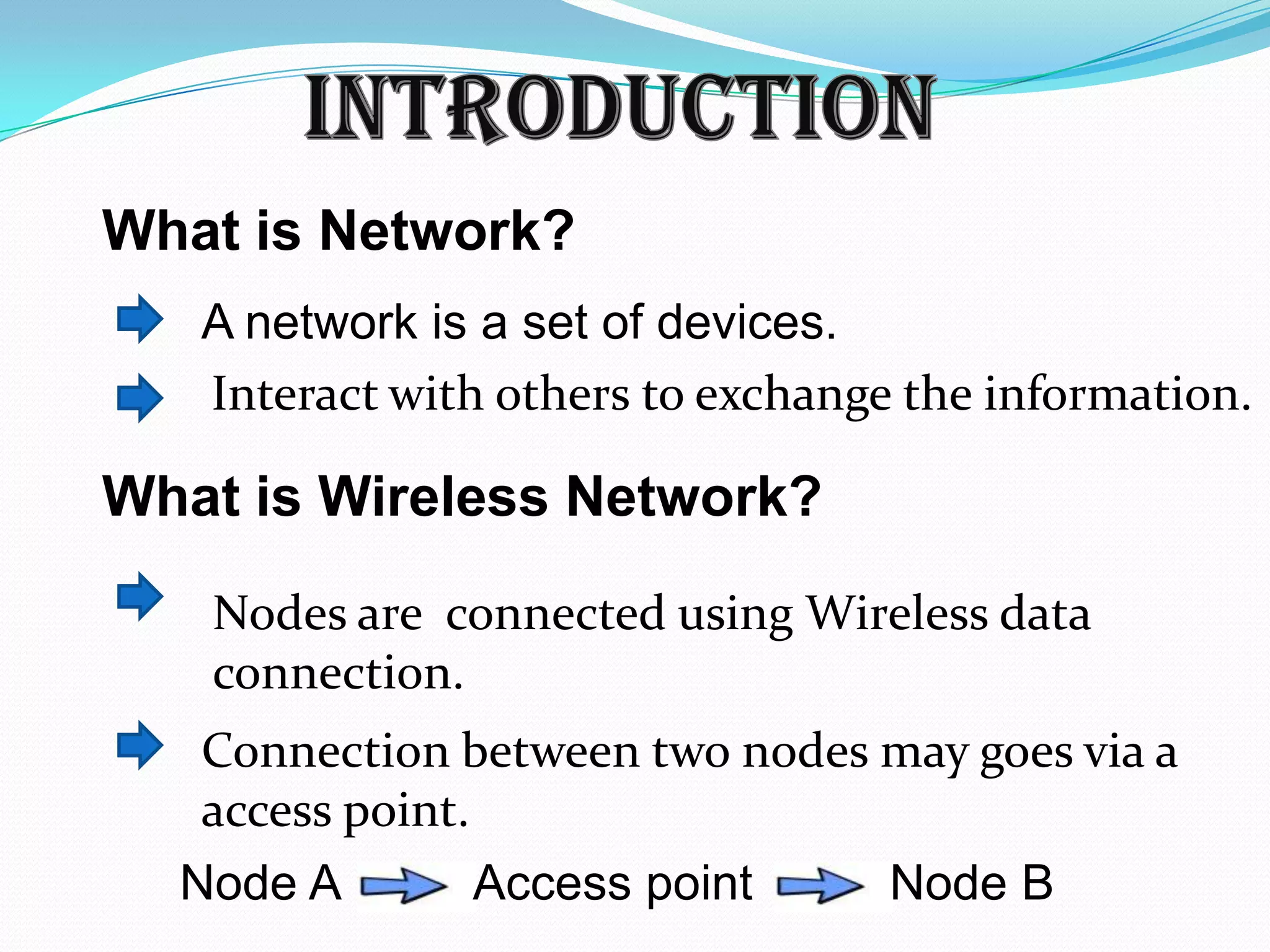 What is Network?
A network is a set of devices.
Interact with others to exchange the information.
What is Wireless Network?
Connection between two nodes may goes via a
access point.
Nodes are connected using Wireless data
connection.
Node A Access point Node B
 