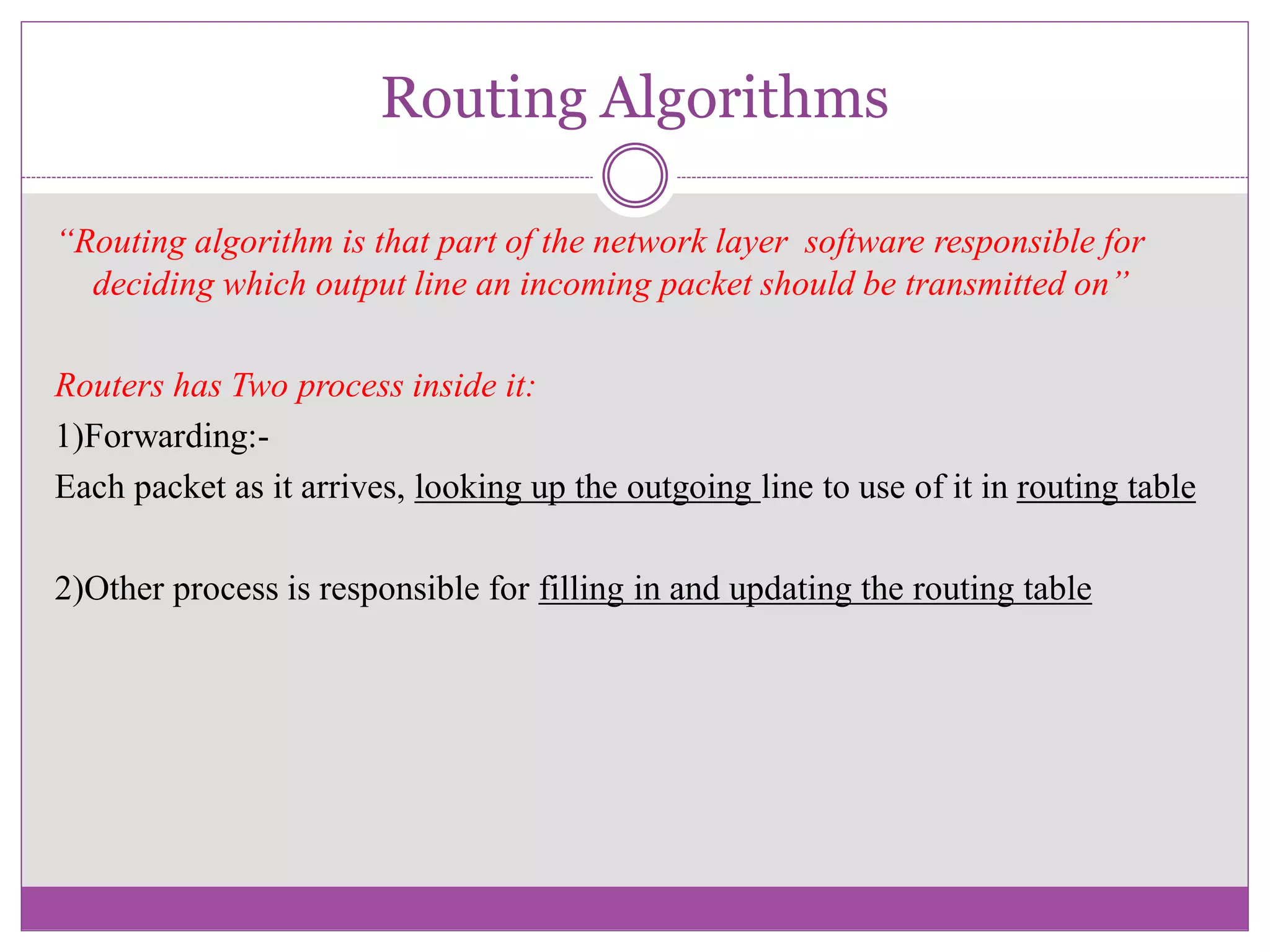 Routing Algorithms
&ldquo;Routing algorithm is that part of the network layer software responsible for
deciding which output line an incoming packet should be transmitted on&rdquo;
Routers has Two process inside it:
1)Forwarding:-
Each packet as it arrives, looking up the outgoing line to use of it in routing table
2)Other process is responsible for filling in and updating the routing table
 