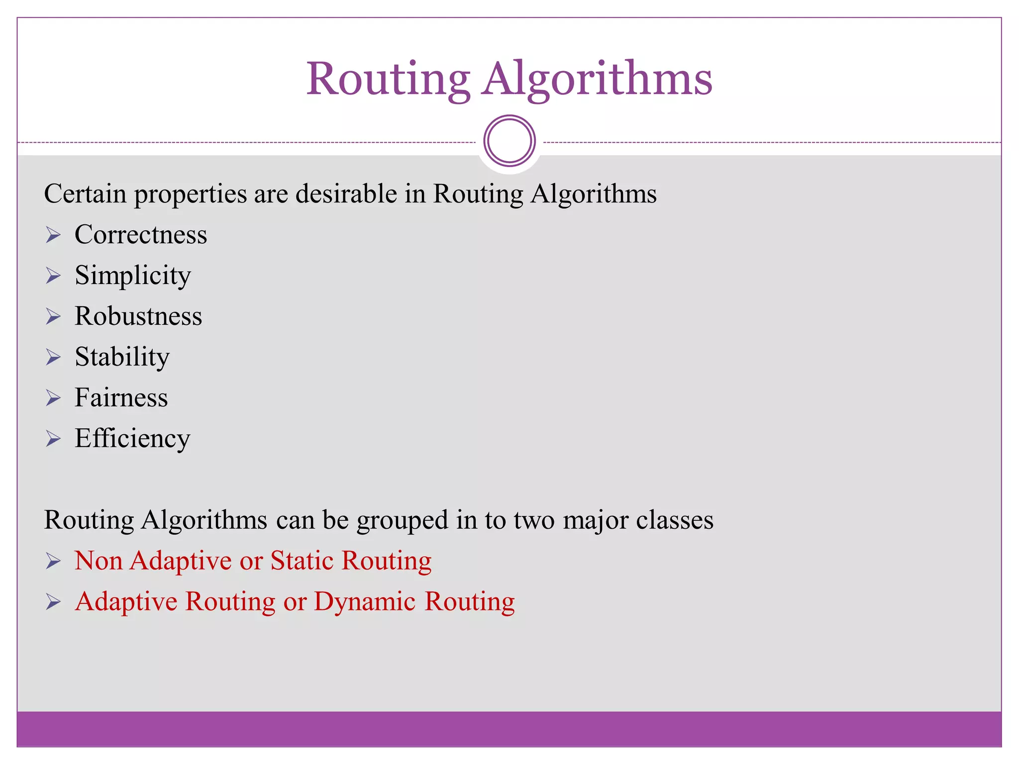 Routing Algorithms
Certain properties are desirable in Routing Algorithms
 Correctness
 Simplicity
 Robustness
 Stability
 Fairness
 Efficiency
Routing Algorithms can be grouped in to two major classes
 Non Adaptive or Static Routing
 Adaptive Routing or Dynamic Routing
 