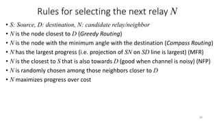 Rules for selecting the next relay N
• S: Source, D: destination, N: candidate relay/neighbor
• N is the node closest to D (Greedy Routing)
• N is the node with the minimum angle with the destination (Compass Routing)
• N has the largest progress (i.e. projection of SN on SD line is largest) (MFR)
• N is the closest to S that is also towards D (good when channel is noisy) (NFP)
• N is randomly chosen among those neighbors closer to D
• N maximizes progress over cost
26
 