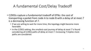 A fundamental Cost/Delay Tradeoff
• C/DEGs capture a fundamental tradeoff of DTNs: the cost of
transporting a packet from node A to node B with a delay of at most T
is a decreasing function of T.
• If we are willing to wait for more time, the topology might become more
favorable.
• In the C/DEG setting, the smallest-cost journey of delay at most T is found
considering all C/DEG paths of delay at most T. Increasing T implies more
paths are considered.
35
 