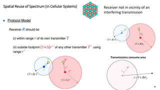 Spatial Reuse of Spectrum (in Cellular Systems) Receiver not in vicinity of an
interfering transmission
Transmissions consume area
 