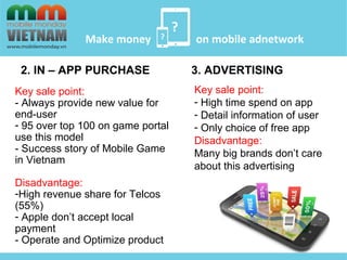 ? 
? 
Make money on mobile adnetwork 
2. IN – APP PURCHASE 
Key sale point: 
- Always provide new value for 
end-user 
- 95 over top 100 on game portal 
use this model 
- Success story of Mobile Game 
in Vietnam 
Disadvantage: 
-High revenue share for Telcos 
(55%) 
- Apple don’t accept local 
payment 
- Operate and Optimize product 
3. ADVERTISING 
Key sale point: 
- High time spend on app 
- Detail information of user 
- Only choice of free app 
Disadvantage: 
Many big brands don’t care 
about this advertising 
 