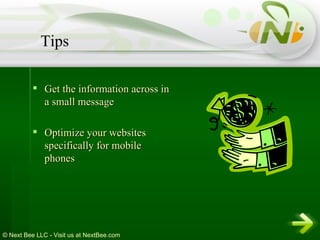 Get the information across in a small message  Optimize your websites specifically for mobile phones  Tips 