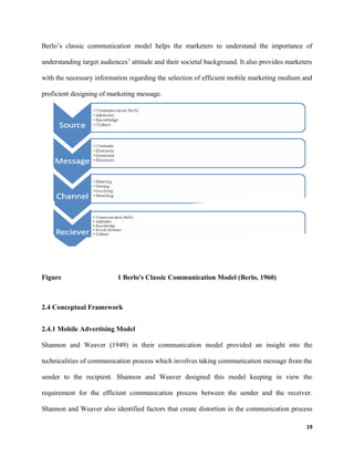 Berlo’s classic communication model helps the marketers to understand the importance of
understanding target audiences’ attitude and their societal background. It also provides marketers
with the necessary information regarding the selection of efficient mobile marketing medium and
proficient designing of marketing message.
Figure 1 Berlo's Classic Communication Model (Berlo, 1960)
2.4 Conceptual Framework
2.4.1 Mobile Advertising Model
Shannon and Weaver (1949) in their communication model provided an insight into the
technicalities of communication process which involves taking communication message from the
sender to the recipient. Shannon and Weaver designed this model keeping in view the
requirement for the efficient communication process between the sender and the receiver.
Shannon and Weaver also identified factors that create distortion in the communication process
19
 