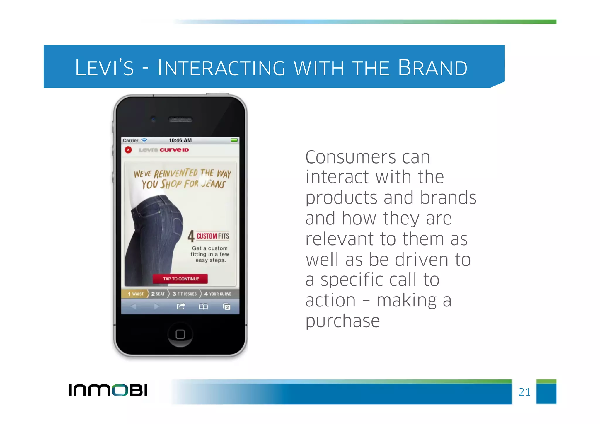 Levi’s - Interacting with the Brand



                    Consumers can
                    interact with the
                    products and brands
                    and how they are
                    relevant to them as
                    well as be driven to
                    a specific call to
                    action – making a
                    purchase



                                           21
 