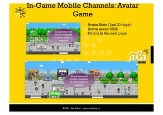 In-Game Mobile Channels: Avatar
           Game
                                         Avatar Stats ( last 30 days):
                                         Active users: 350K
        Brand here with
       promo message                     Details in the next page
       to drive traffic to
            wapsite




                        Brand here with
                       promo message
                       to drive traffic to
                            wapsite
 