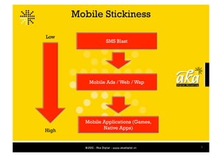 Mobile Stickiness

Low
                  SMS Blast




           Mobile Ads / Web / Wap




          Mobile Applications (Games,
                 Native Apps)
High


                                        6
 