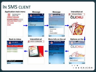 IN SMS CLIENT
 Application main menu    Message              Message           Interstitial ad
                         composition           sending




     Back to inbox       Interstitial ad   More Info on the ad   Options on the
                                                                       ad
 