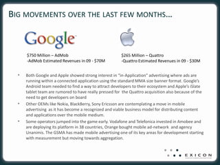 BIG MOVEMENTS OVER THE LAST FEW MONTHS…



      $750 Million – AdMob                              $265 Million – Quattro
      -AdMob Estimated Revenues in 09 - $70M            -Quattro Estimated Revenues in 09 - $30M


  •   Both Google and Apple showed strong interest in “in-Application” advertising where ads are
      running within a connected application using the standard MMA size banner format. Google’s
      Android team needed to find a way to attract developers to their ecosystem and Apple’s iSlate
      tablet team are rumored to have really pressed for the Quattro acquisition also because of the
      need to get developers on board
  •   Other OEMs like Nokia, BlackBerry, Sony Ericsson are contemplating a move in mobile
      advertising as it has become a recognized and viable business model for distributing content
      and applications over the mobile medium.
  •   Some operators jumped into the game early. Vodafone and Telefonica invested in Amobee and
      are deploying its platform in 38 countries, Orange bought mobile ad-network and agency
      Unanimis. The GSMA has made mobile advertising one of its key areas for development starting
      with measurement but moving towards aggregation.
 