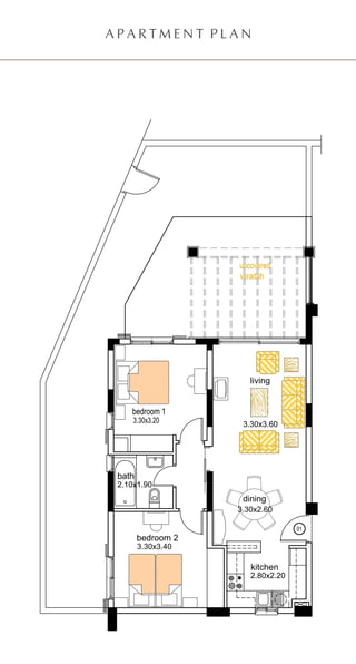 A P A R T M E N T P L A N
kitchen
living
dining
bedroom 2
bath
01
bedroom 1
uncovered
veradah
3.30x3.20
2.10x1.90
3.30x2.60
3.30x3.40
2.80x2.20
3.30x3.60
 