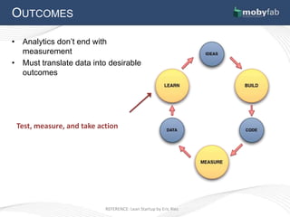 OUTCOMES

• Analytics don’t end with
  measurement
• Must translate data into desirable
  outcomes




 Test, measure, and take action




                           REFERENCE: Lean Startup by Eric Ries
 