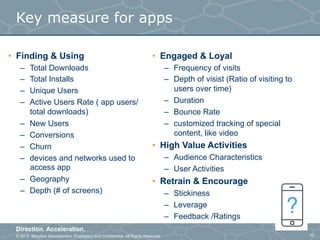 © 2013 Storyline Development. Proprietary and Confidential. All Rights Reserved
Direction. Acceleration.
33
Key measure for apps
•  Finding & Using
–  Total Downloads
–  Total Installs
–  Unique Users
–  Active Users Rate ( app users/
total downloads)
–  New Users
–  Conversions
–  Churn
–  devices and networks used to
access app
–  Geography
–  Depth (# of screens)
•  Engaged & Loyal
–  Frequency of visits
–  Depth of visist (Ratio of visiting to
users over time)
–  Duration
–  Bounce Rate
–  customized tracking of special
content, like video
•  High Value Activities
–  Audience Characteristics
–  User Activities
•  Retrain & Encourage
–  Stickiness
–  Leverage
–  Feedback /Ratings
 