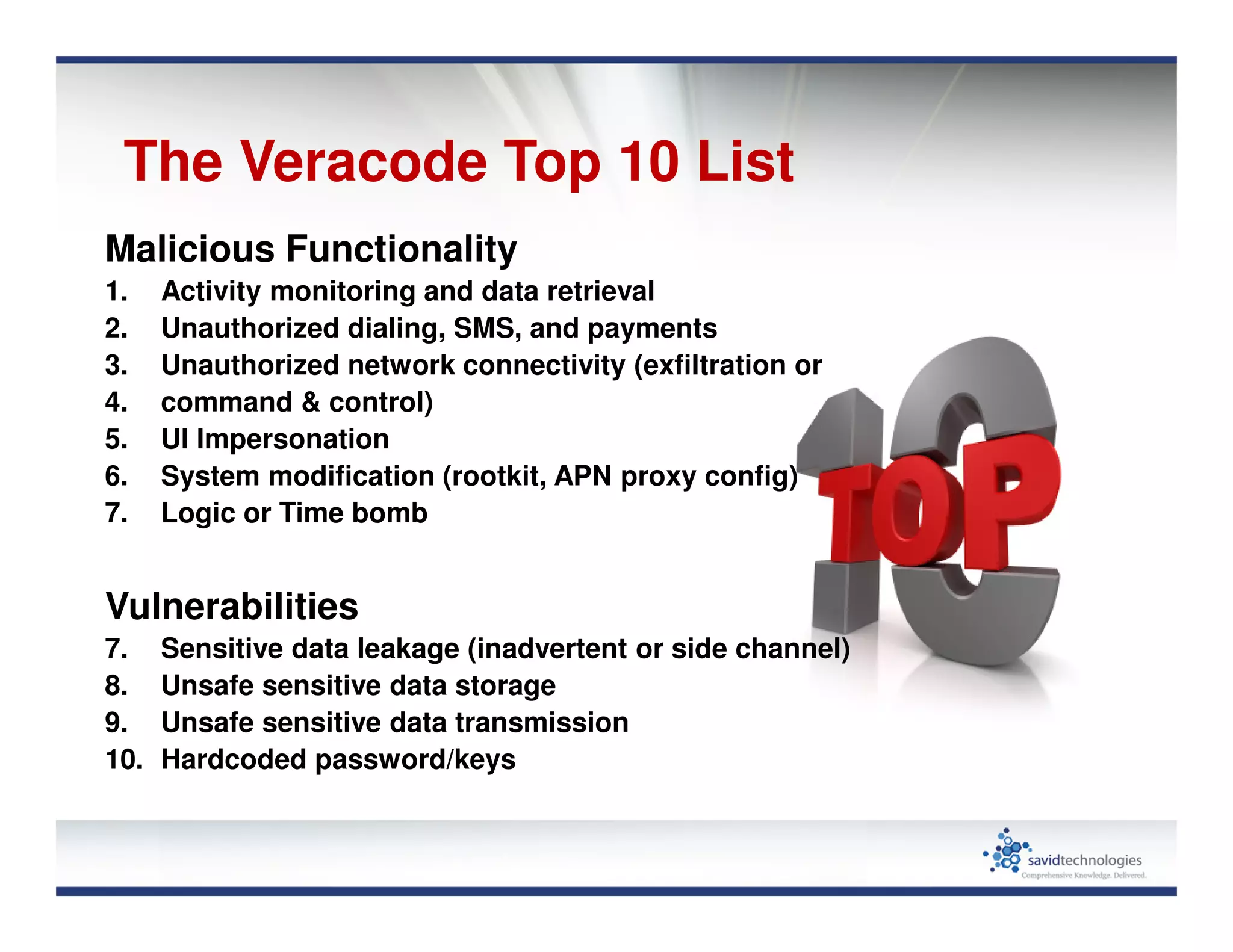 Malicious Functionality
1. Activity monitoring and data retrieval
2. Unauthorized dialing, SMS, and payments
3. Unauthorized network connectivity (exfiltration or
4. command & control)
5. UI Impersonation
6. System modification (rootkit, APN proxy config)
7. Logic or Time bomb
Vulnerabilities
7. Sensitive data leakage (inadvertent or side channel)
8. Unsafe sensitive data storage
9. Unsafe sensitive data transmission
10. Hardcoded password/keys
The Veracode Top 10 List
 