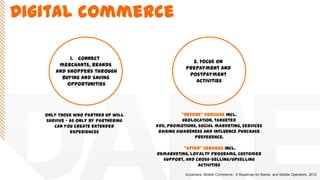 1. Connect
merchants, brands
and shoppers through
buying and saving
opportunities
Only those who partner up will
survive – as only by partnering
can you create extended
experiences
2. Focus on
prepayment and
postpayment
activities
‚Before‛ services incl.
geolocation, targeted
ads, promotions, social marketing, services
raising awareness and influence purchase
preference.
‚After‛ services incl.
remarketing, loyalty programs, customer
support, and cross-selling/upselling
activities
Accenture. Mobile Commerce: A Roadmap for Banks and Mobile Operators. 2012
Digital commerce
 