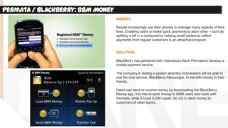 Permata/ BlackBerry: BBM Money
INSIGHT:
People increasingly use their phones to manage many aspects of their
lives. Enabling users to make quick payments to each other – such as
splitting a bill in a restaurant or helping small traders to collect
payments from regular customers is an attractive prospect.
SOLUTION:
BlackBerry has partnered with Indonesia’s Bank Permata to develop a
mobile payment service.
The company is testing a system whereby Indonesians will be able to
use the chat service, BlackBerry Messenger, to transfer money to their
friends.
Users can send or receive money by downloading the BlackBerry
Money app. It is free to send money to BBM users who bank with
Permata, while it costs 5,000 rupiah ($0.52) to send money to
customers of other banks.
 