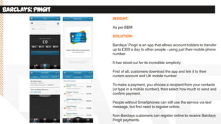 Barclays:Pingit
INSIGHT:
As per BBM
SOLUTION:
Barclays’ Pingit is an app that allows account holders to transfer
up to £300 a day to other people - using just their mobile phone
number.
It has stood out for its incredible simplicity:
First of all, customers download the app and link it to their
current account and UK mobile number.
To make a payment, you choose a recipient from your contacts
(or type in a mobile number), then select how much to send and
confirm payment.
People without Smartphones can still use the service via text
message, but first need to register online.
Non-Barclays customers can register online to receive Barclays
Pingit payments.
 