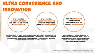 What are the
moments of Truth?
And how can we create
a ‚wow‛ effect?
What are the
biggest frustrations?
How can innovations
lead to improvements?
Those moments of truth (such as resolving a fraudulent transaction) and
‚digital delight‛ moments providing new, easy ways for customers to do
routine transactions (such as mobile bill pay) prove decisive in winning
either customers’ advocacy or their derision.
McKinsey. Retail Distribution 2015 – Full Digitalisation with a human touch. Dec 2011
Bain and company. Customer loyalty in retail banking. Global edition 2012.
How to consolidate
these positive
experiences into an
overall propositions?
Customers with a higher frequency of
mobile transactions are more likely to
recommend their bank than low-frequency
users. This is not about one-offs but
developing an overall vision.
Ultra convenience and
innovation
 