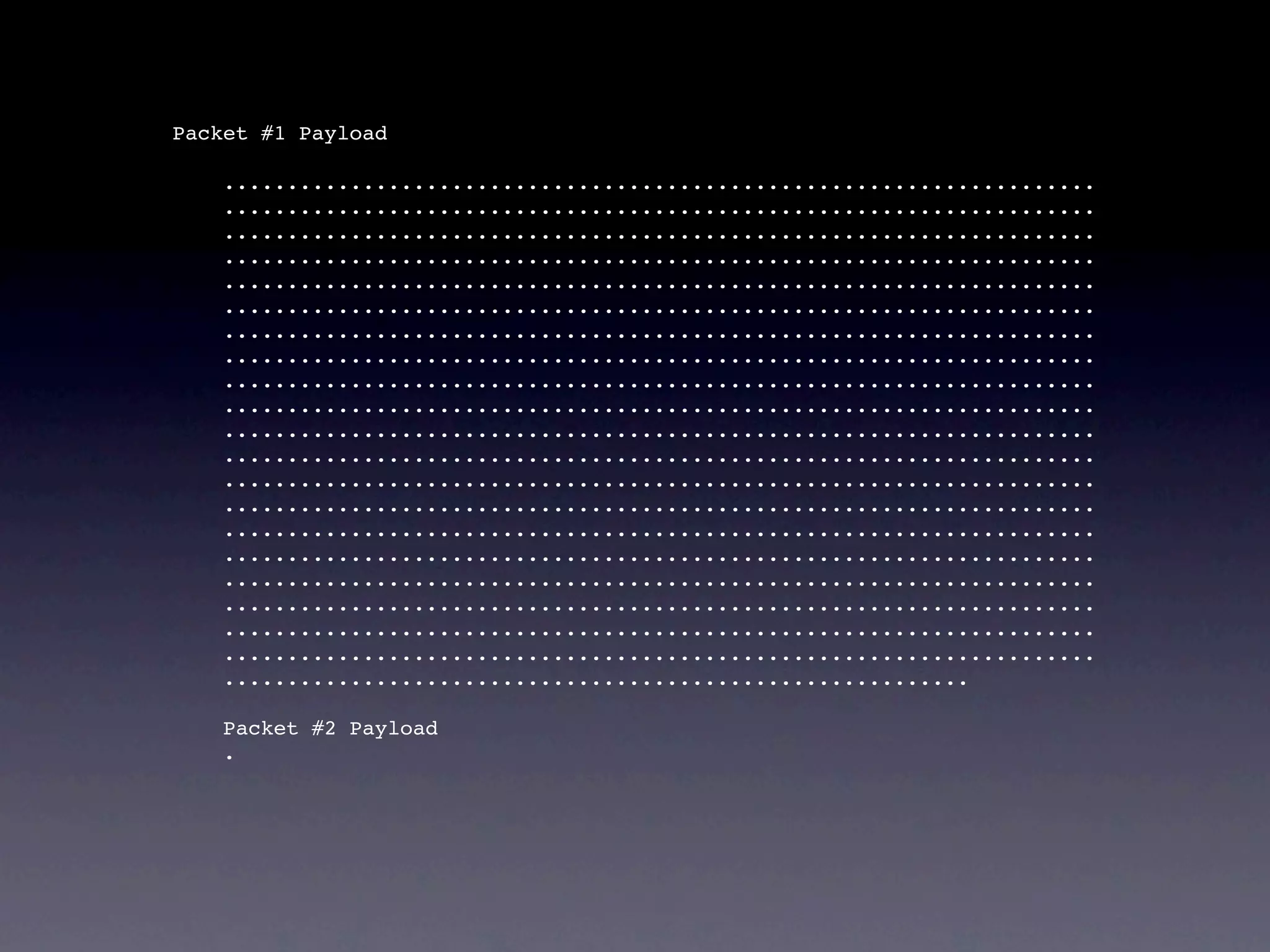 Packet #1 Payload

    .....................................................................
    .....................................................................
    .....................................................................
    .....................................................................
    .....................................................................
    .....................................................................
    .....................................................................
    .....................................................................
    .....................................................................
    .....................................................................
    .....................................................................
    .....................................................................
    .....................................................................
    .....................................................................
    .....................................................................
    .....................................................................
    .....................................................................
    .....................................................................
    .....................................................................
    .....................................................................
    ...........................................................

    Packet #2 Payload
    .
 