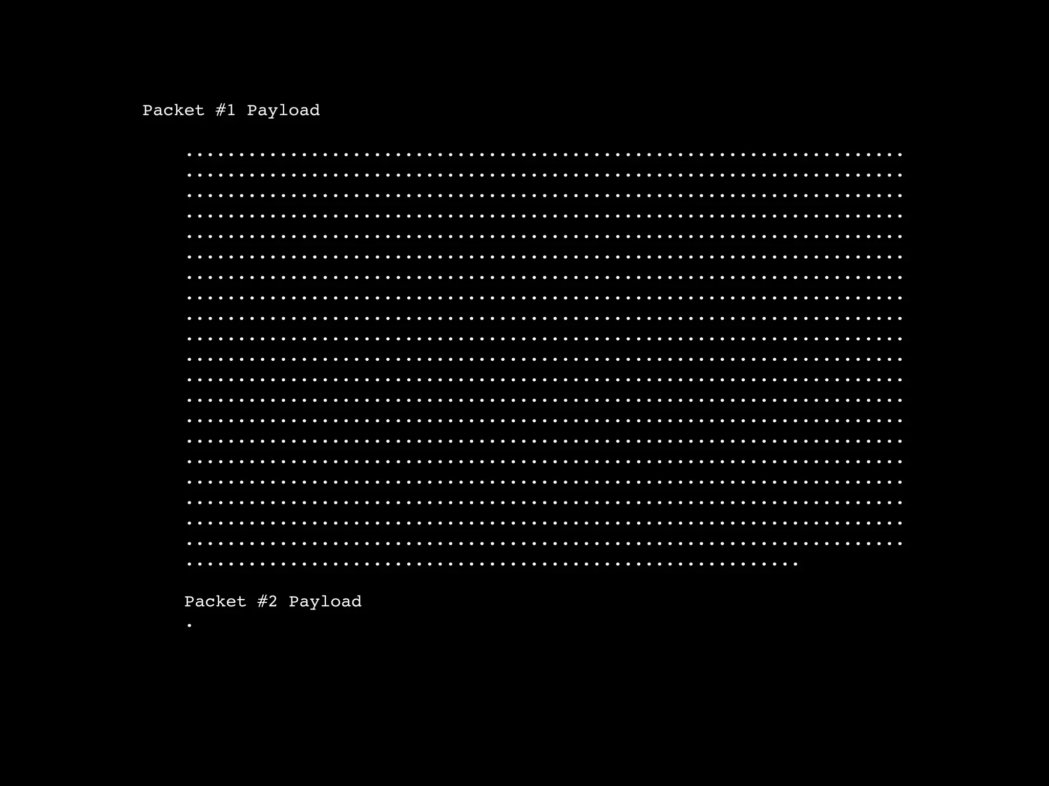 Packet #1 Payload

    .....................................................................
    .....................................................................
    .....................................................................
    .....................................................................
    .....................................................................
    .....................................................................
    .....................................................................
    .....................................................................
    .....................................................................
    .....................................................................
    .....................................................................
    .....................................................................
    .....................................................................
    .....................................................................
    .....................................................................
    .....................................................................
    .....................................................................
    .....................................................................
    .....................................................................
    .....................................................................
    ...........................................................

    Packet #2 Payload
    .
 