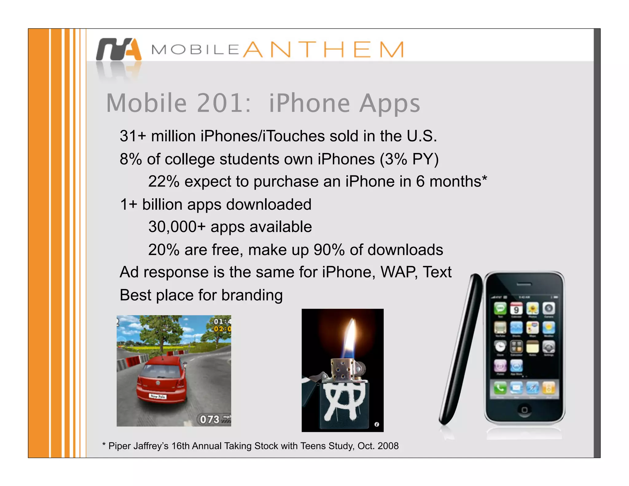 Mobile 201: iPhone Apps
    31+ million iPhones/iTouches sold in the U.S.
    8% of college students own iPhones (3% PY)
        22% expect to purchase an iPhone in 6 months*
    1+ billion apps downloaded
        30,000+ apps available
        20% are free, make up 90% of downloads
    Ad response is the same for iPhone, WAP, Text
    Best place for branding




* Piper Jaffrey’s 16th Annual Taking Stock with Teens Study, Oct. 2008
 