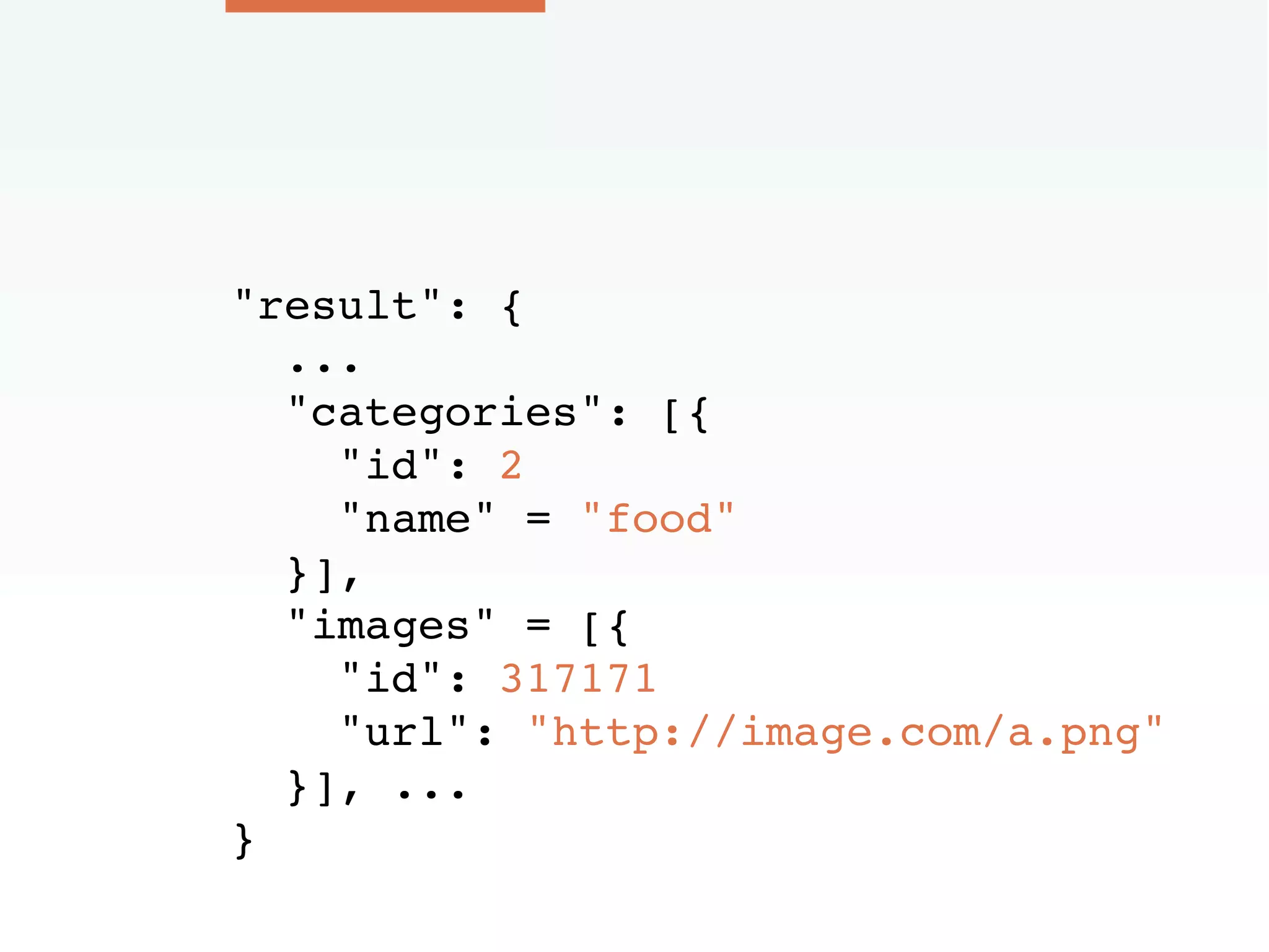 "result": {
...
"categories": [{
"id": 2
"name" = "food"
}],
"images" = [{
"id": 317171
"url": "http://image.com/a.png"
}], ...
}
 