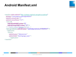 © 2014 Indium Software
ENHANCING SOFTWARE QUALITY
Android Manifest.xml
<manifest xmlns:android="http://schemas.android.com/apk/res/android"
package="com.netmera.androidpushdemo"
android:versionCode="1"
android:versionName="1.0" >
<uses-sdk
android:minSdkVersion="8"
android:targetSdkVersion="15" />
<!-- Used to connect Netmera Services -->
<uses-permission android:name="android.permission.INTERNET" />
<application
<activity
android:name=".MainActivity"
android:label="@string/app_name" >
</application>
</manifest>
13
 
